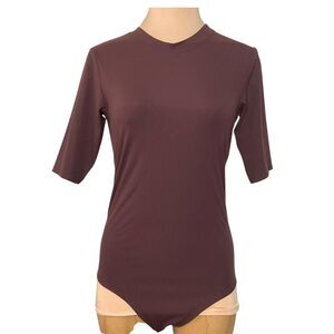 SPANX Suit Yourself Ribbed Crew Neck Short Sleeve Smoother Bodysuit Brown Medium